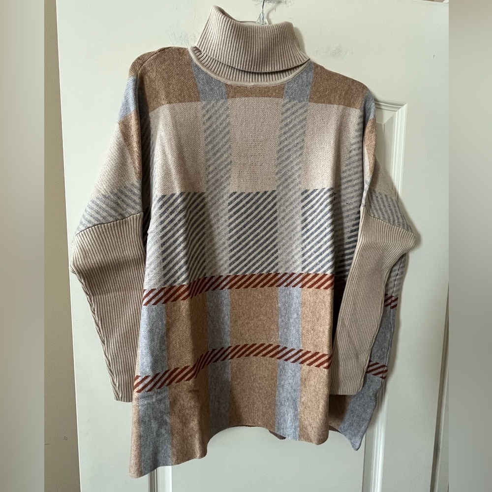 Joseph A. Plaid Turtleneck Oversized Poncho Designer Sweater Size Large